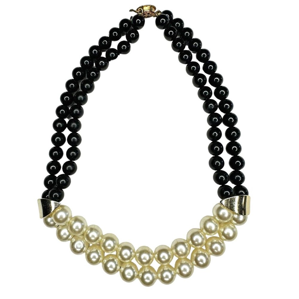 Vintage Faux Pearl Necklace Gold Tone Two Strands Choker Black Champagne…